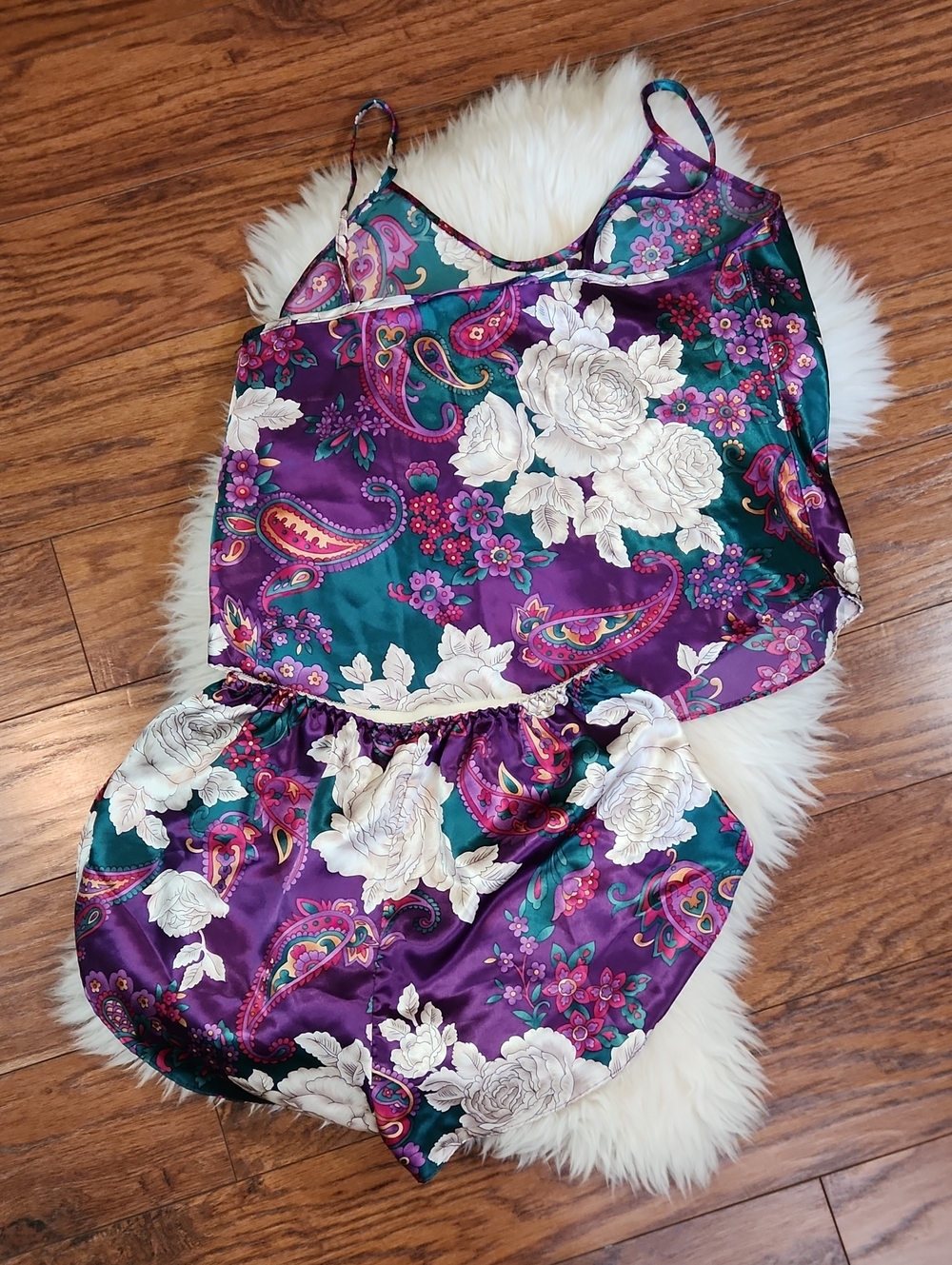 Vintage 90'S California Dynasty Dark Floral Satin 2 Piece Sleep Set - Picture 2 of 6